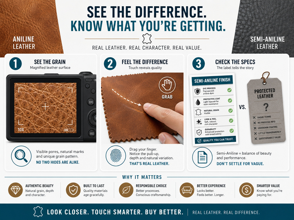 Infographic showing three tests to identify real semi-aniline leather.
