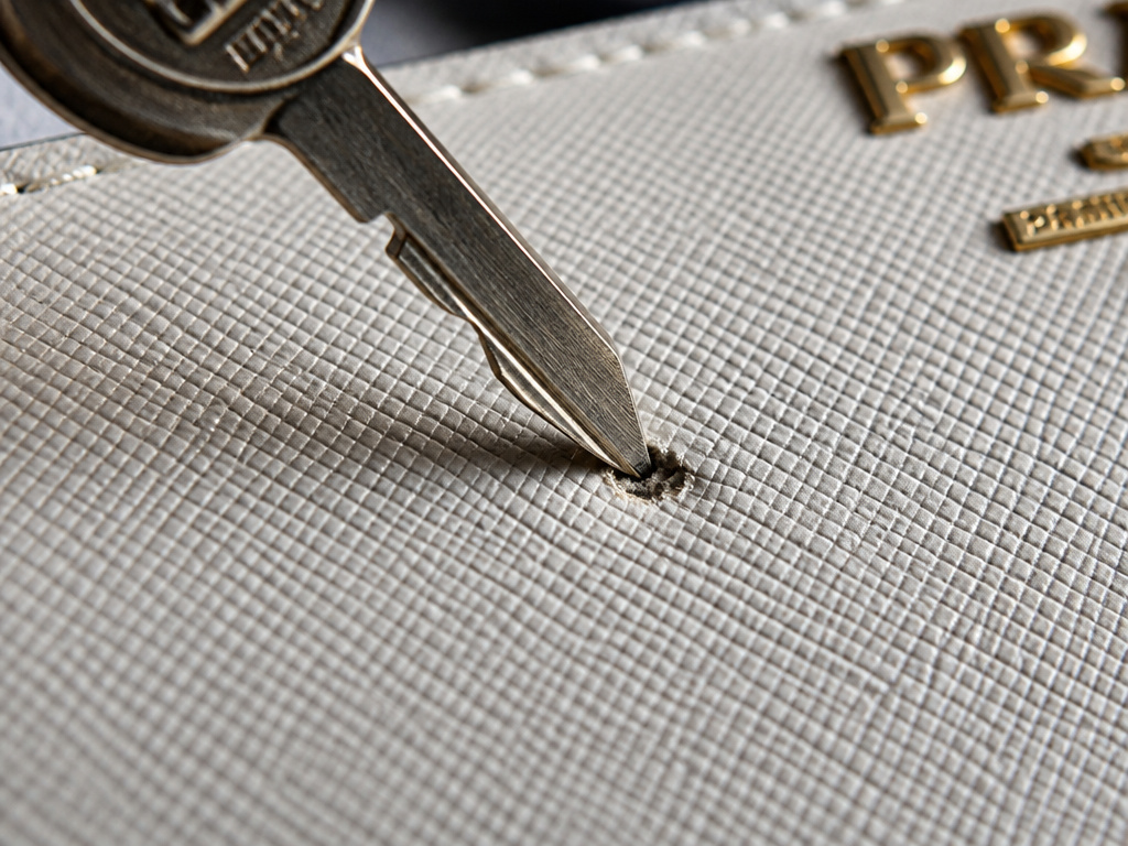 Sharp key piercing and damaging scratch-resistant saffiano leather surface.