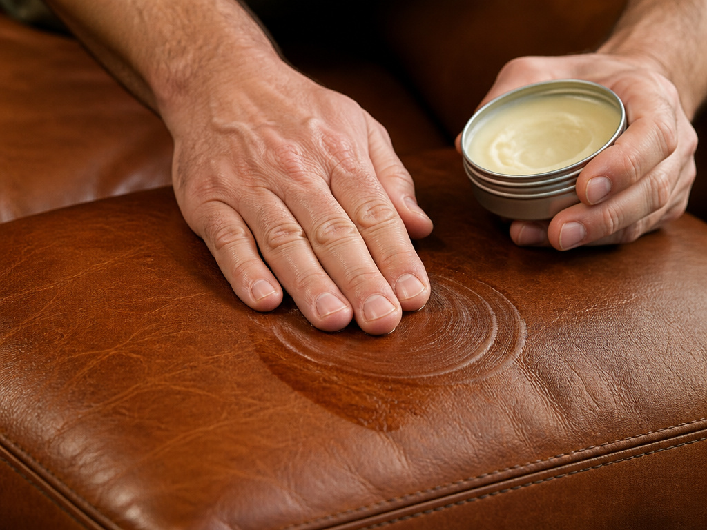 Close-up of hands applying conditioner to darken and nourish aniline leather.