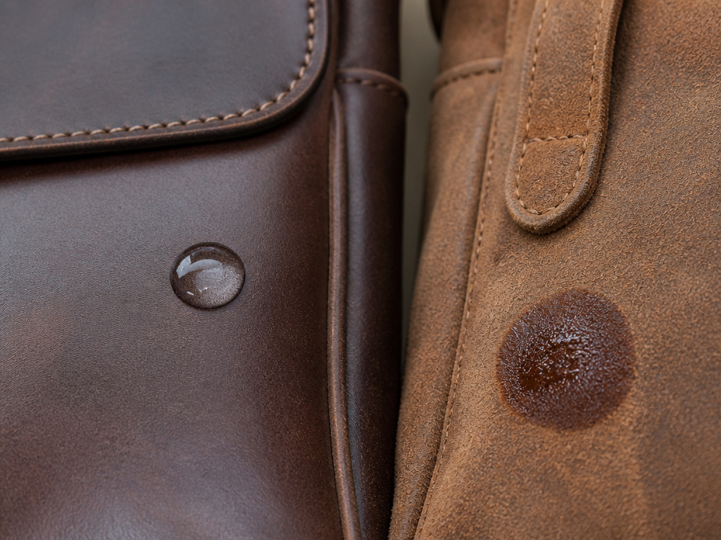 Close-up comparing water beading on finished leather versus soaking into unfinished leather