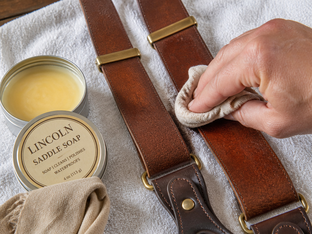 Close-up of cleaning leather suspenders with saddle soap on a flat towel.