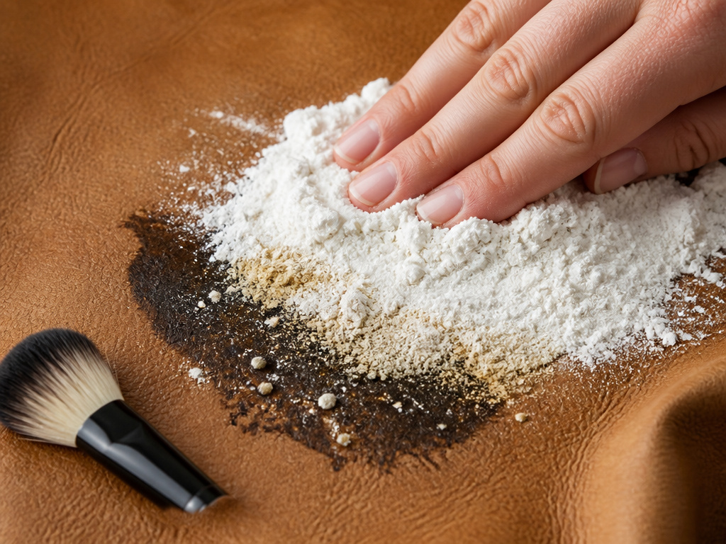 Using cornstarch to absorb an oil stain from unfinished leather.