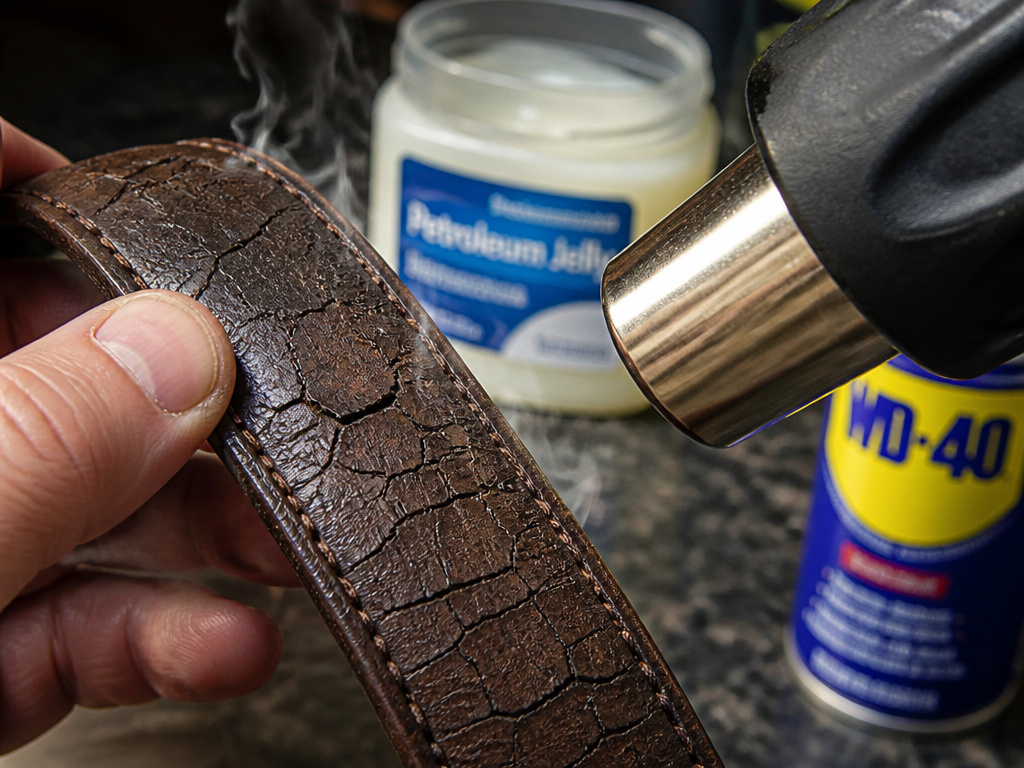 Damaged leather belt from using heat and petroleum products to soften it