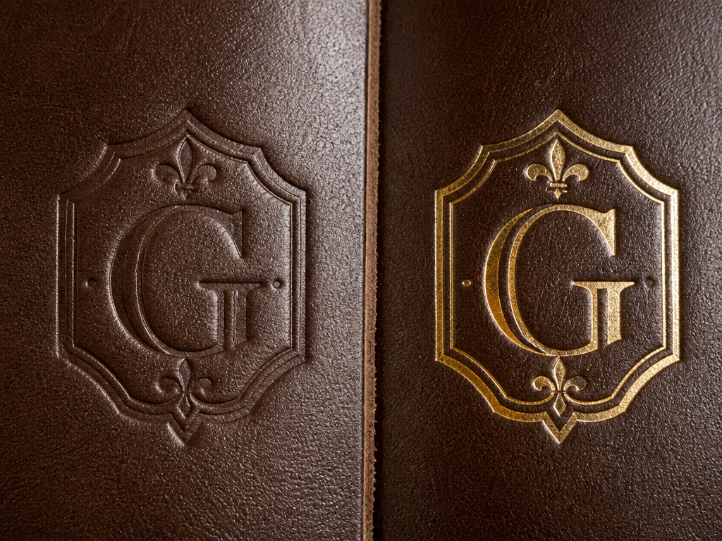 Close-up comparison of blind embossing and color foil embossing on leather samples.