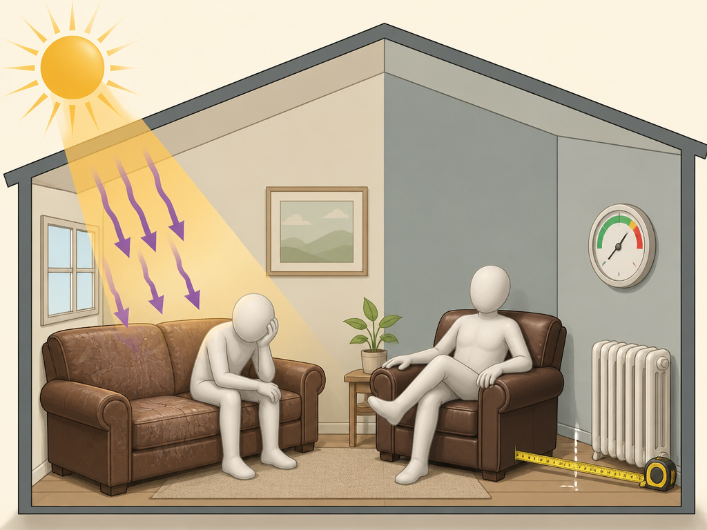 Diagram showing how sunlight, heat, and humidity affect leather furniture protection.