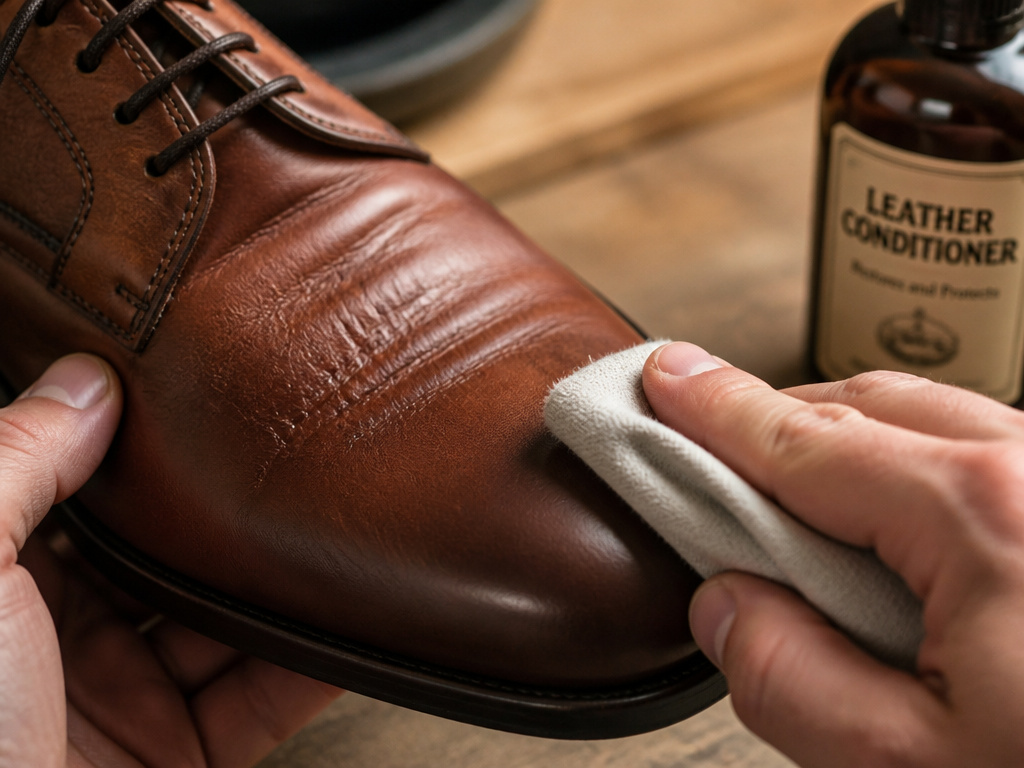 Conditioning stretched leather shoes with a cloth and leather conditioner bottle.