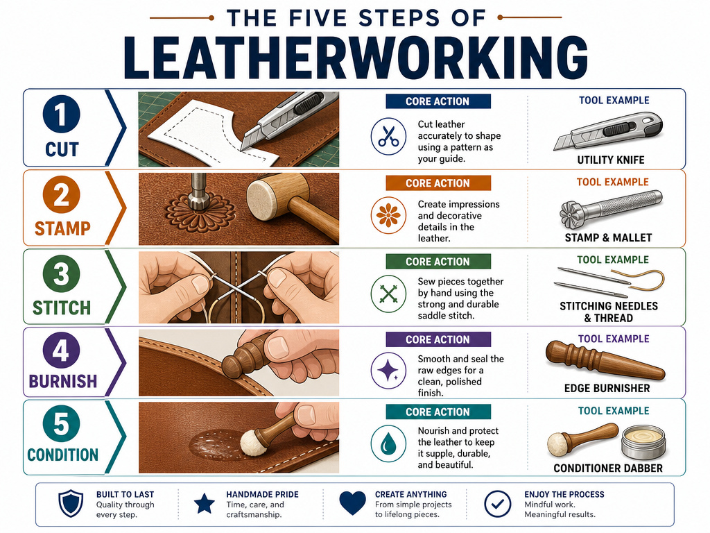 Infographic detailing the five essential steps in the leatherworking process.