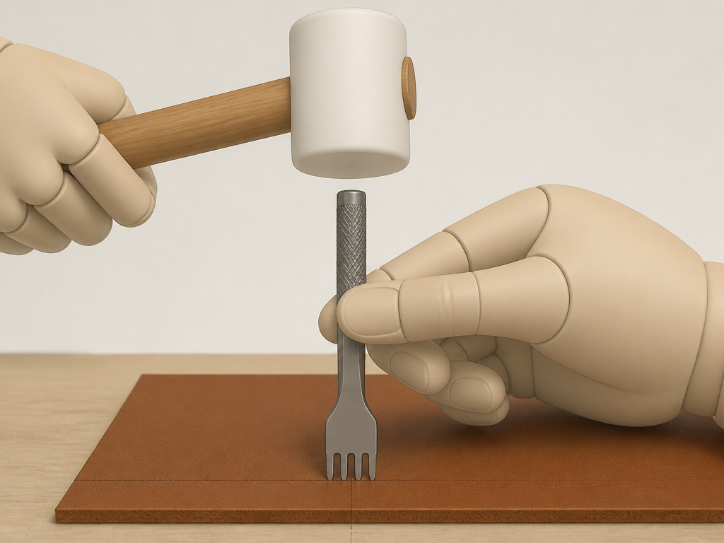 Using a pricking iron to mark stitching holes on leather.