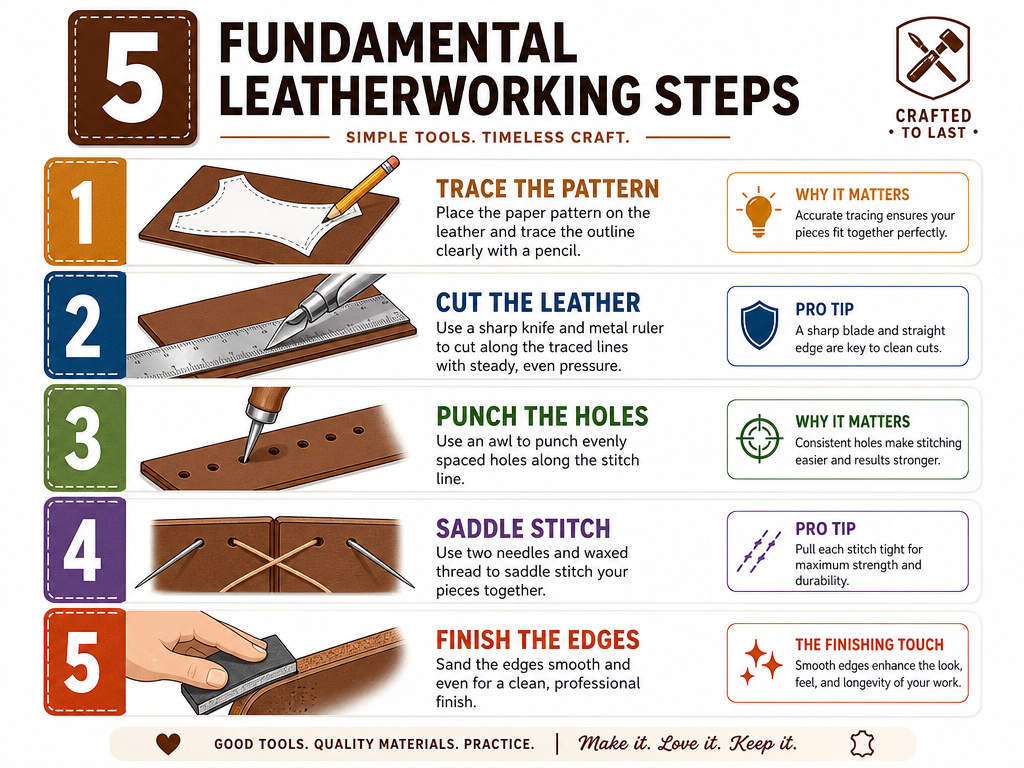 Five essential leatherworking steps for beginners from design to finishing.