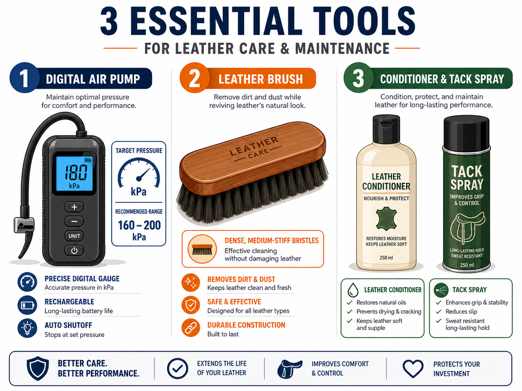 Three essential items for leather football care: pump, brush, and conditioner.