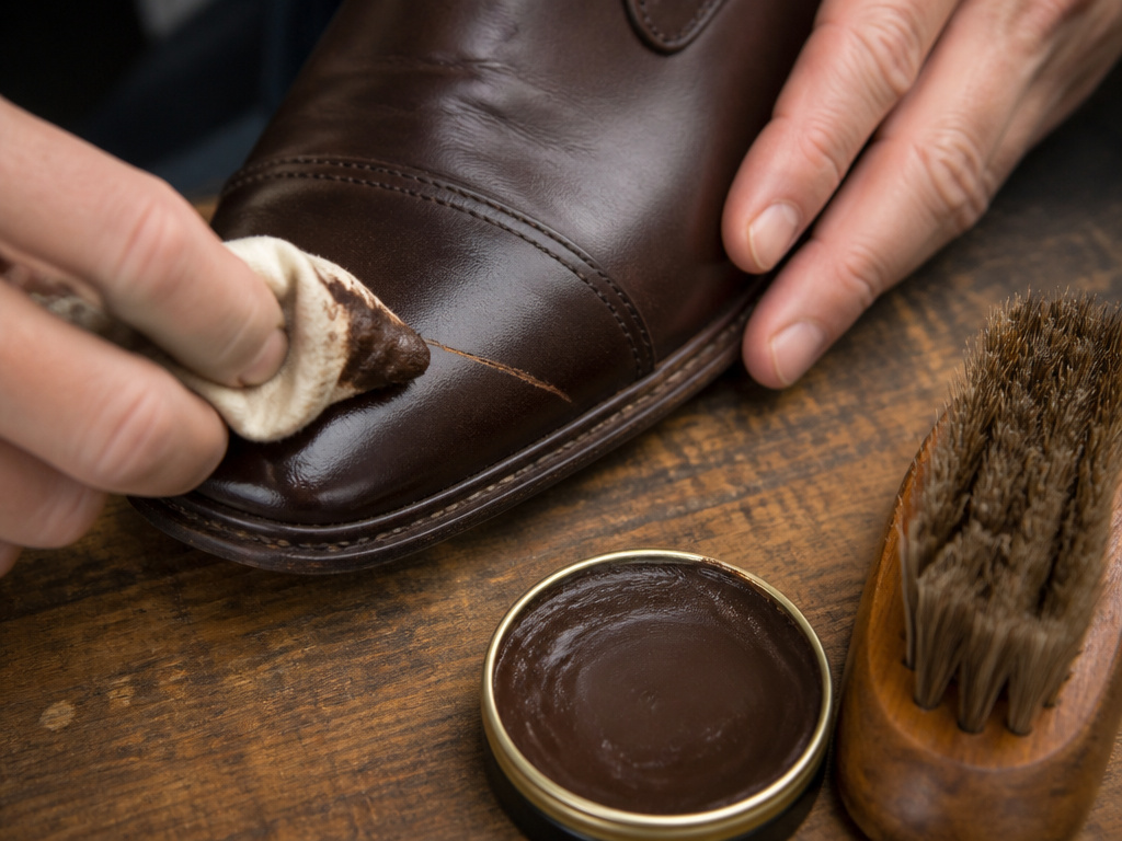 Close-up of repairing a leather shoe scratch with colored cream polish.