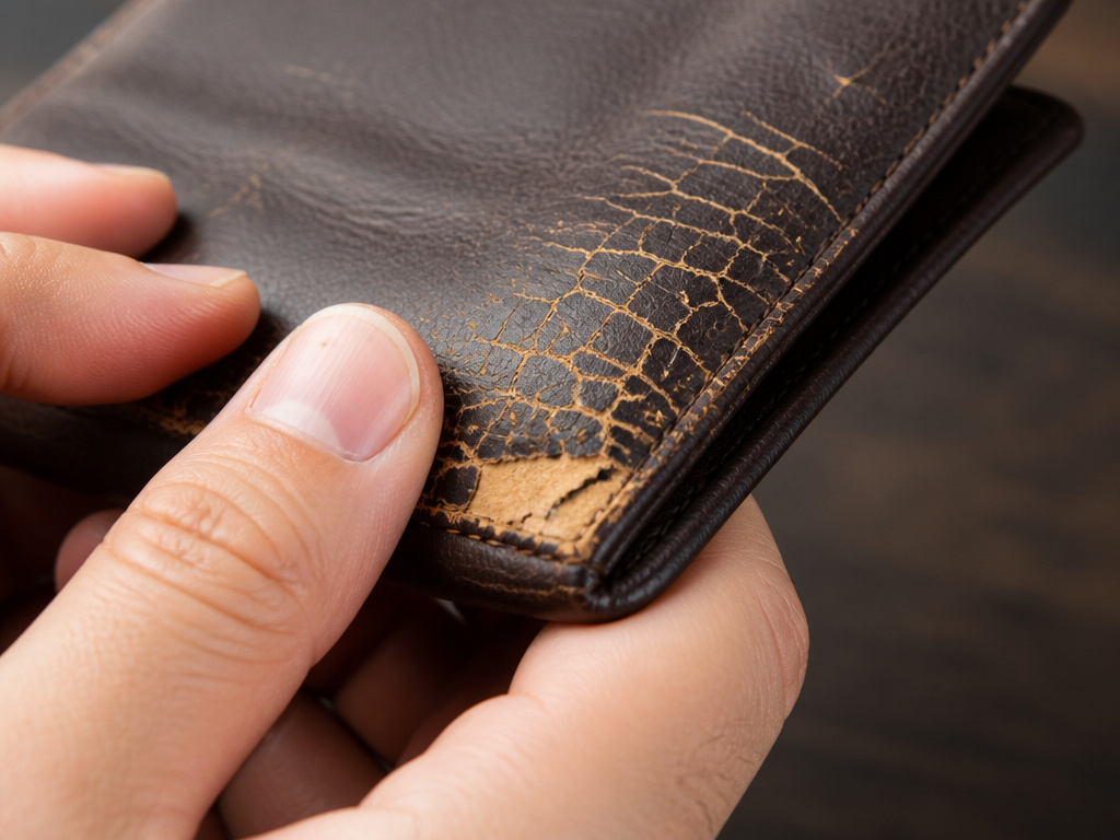 Close-up of cracked top grain leather finish on a worn wallet fold.