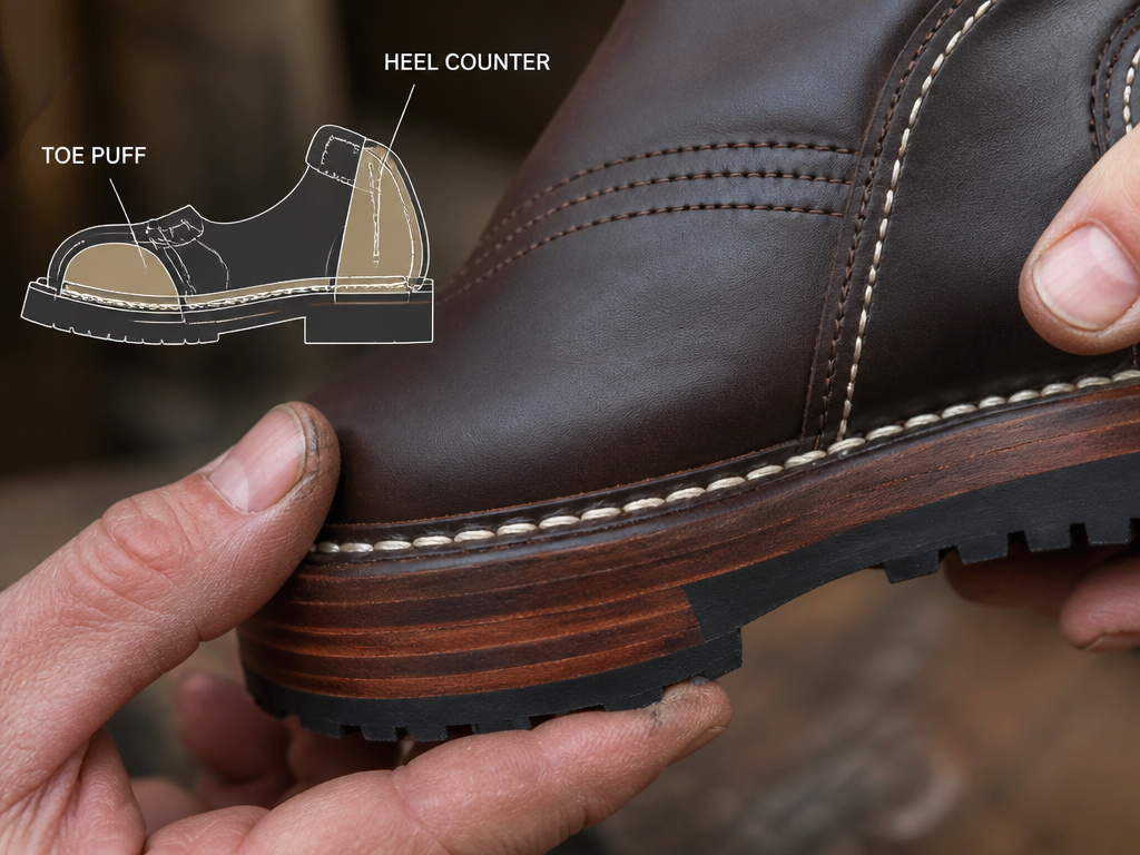 Close-up detail of quality leather shoe stitching and internal reinforcements.