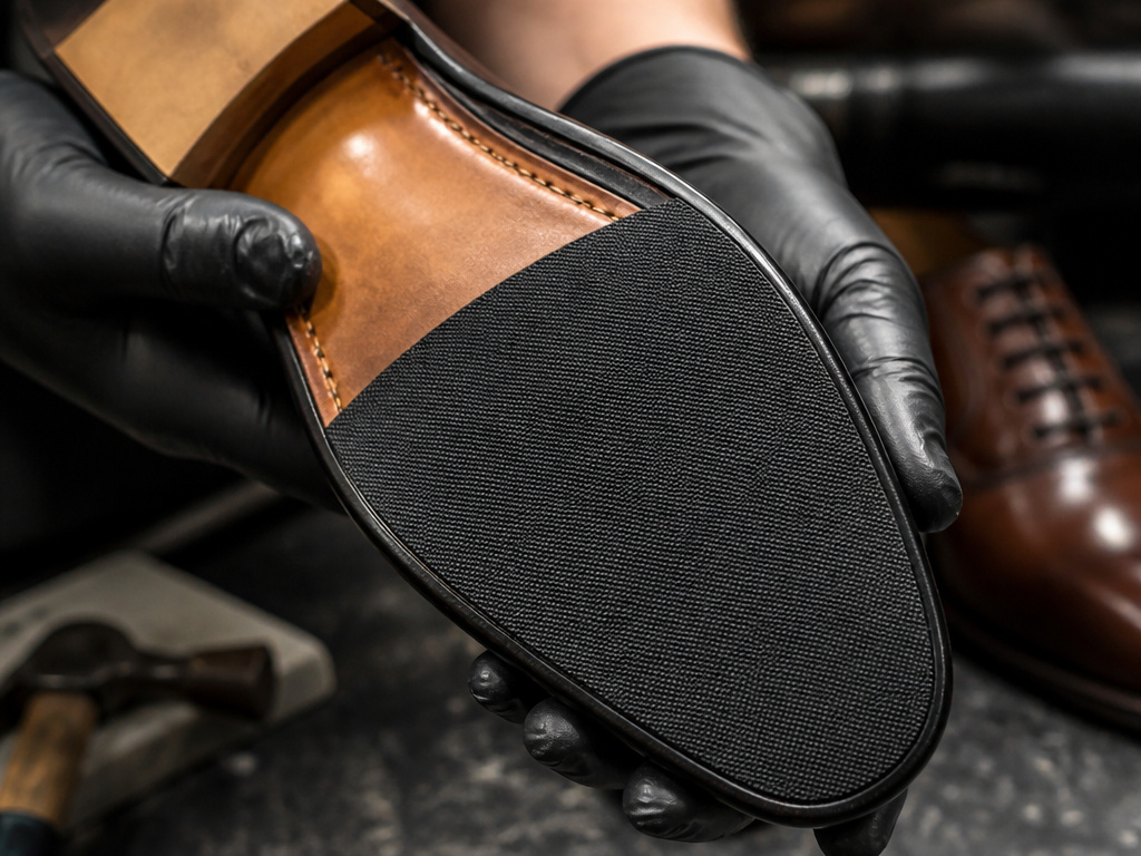 Cobbler applying a thin rubber half-sole to a leather shoe sole.