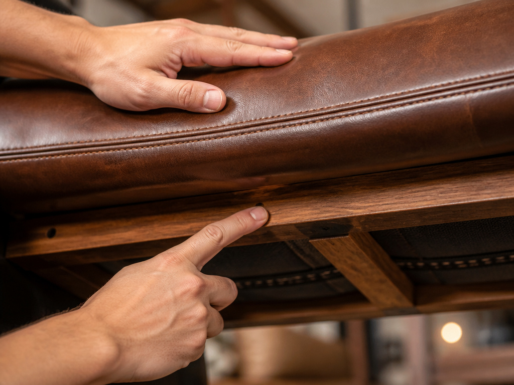 Close-up of inspecting leather sofa texture, stitching, and frame in store.