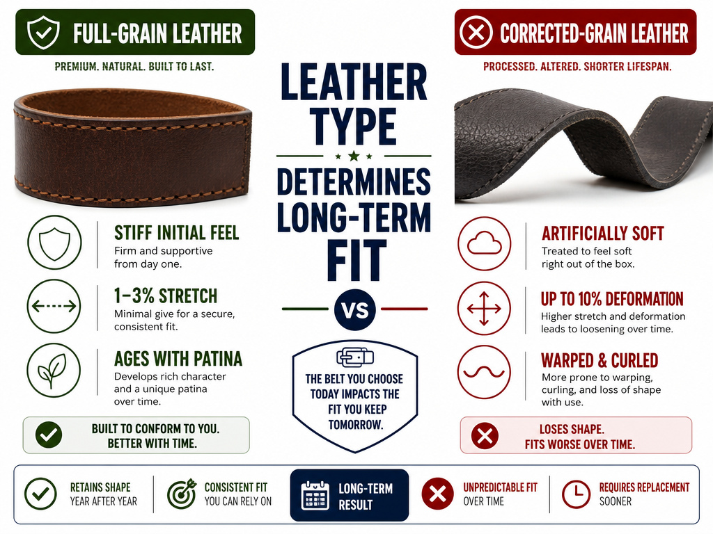 Infographic comparing full-grain vs corrected-grain leather belt stretch and aging.
