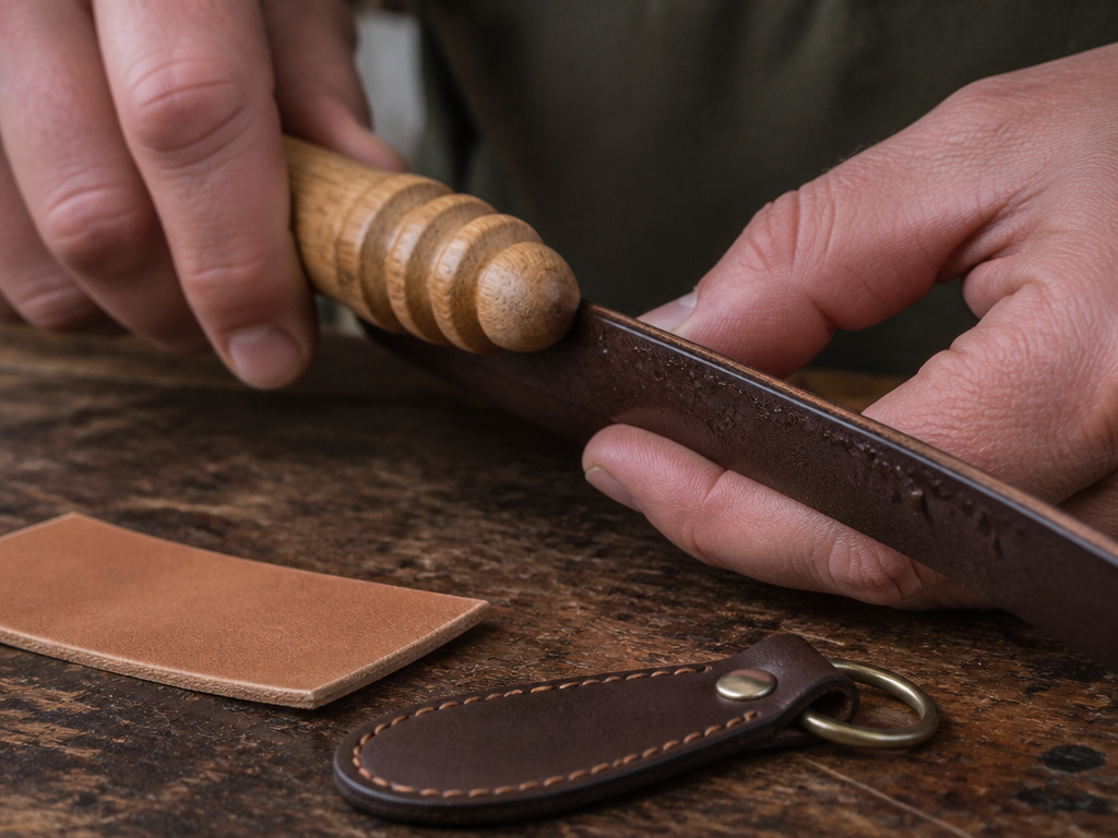 Close-up of hands using a wooden slicker to burnish a leather belt edge.