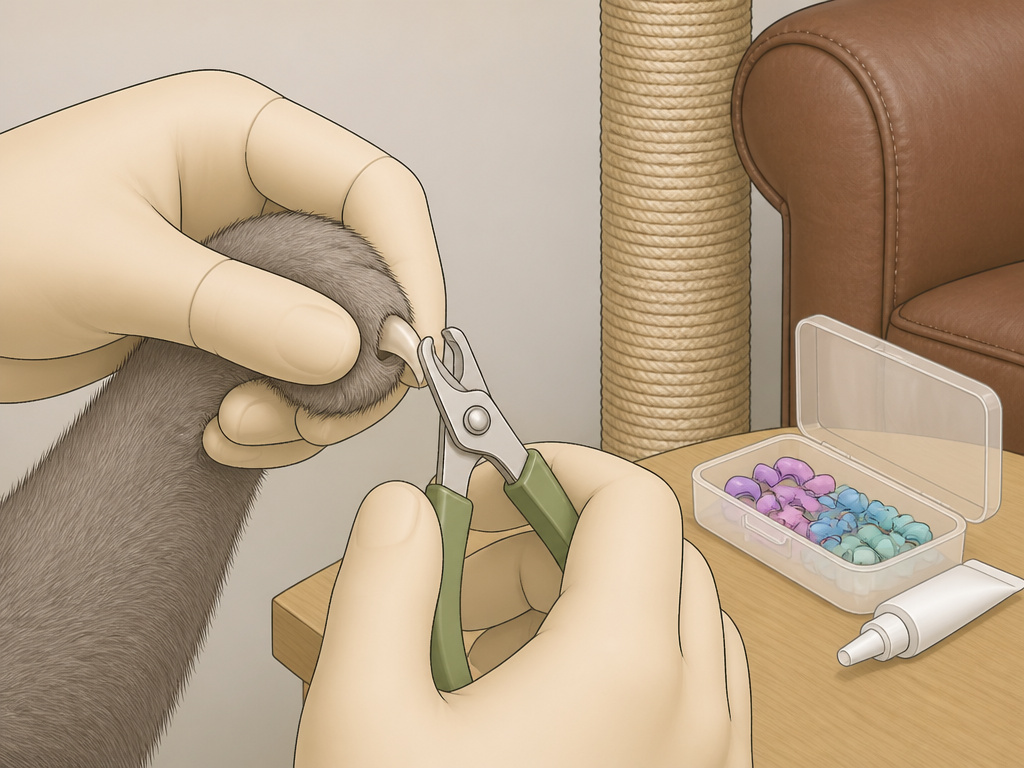 Close-up of trimming a cat's claws and applying nail caps to protect leather furniture.