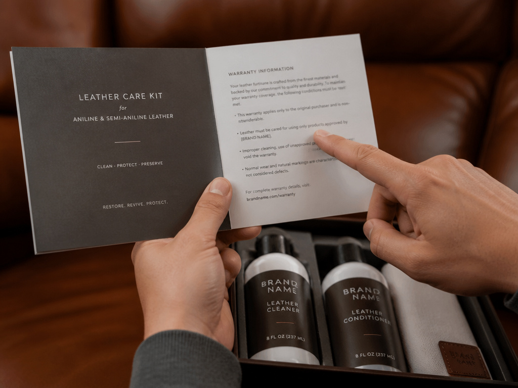 Close-up of branded leather sofa care kit and warranty instructions.