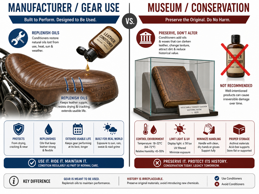 Infographic comparing leather conditioner use for gear maintenance versus museum preservation