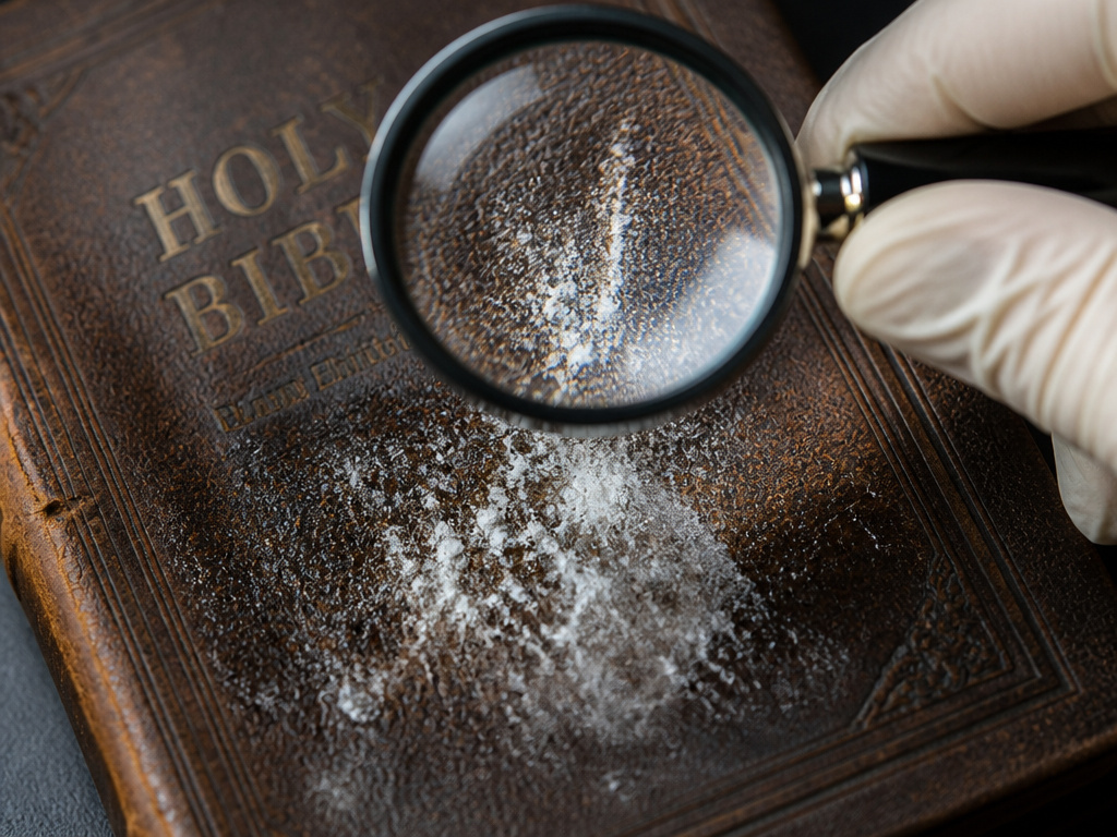 Close-up of white fatty acid spew on a dark leather Bible cover being examined.