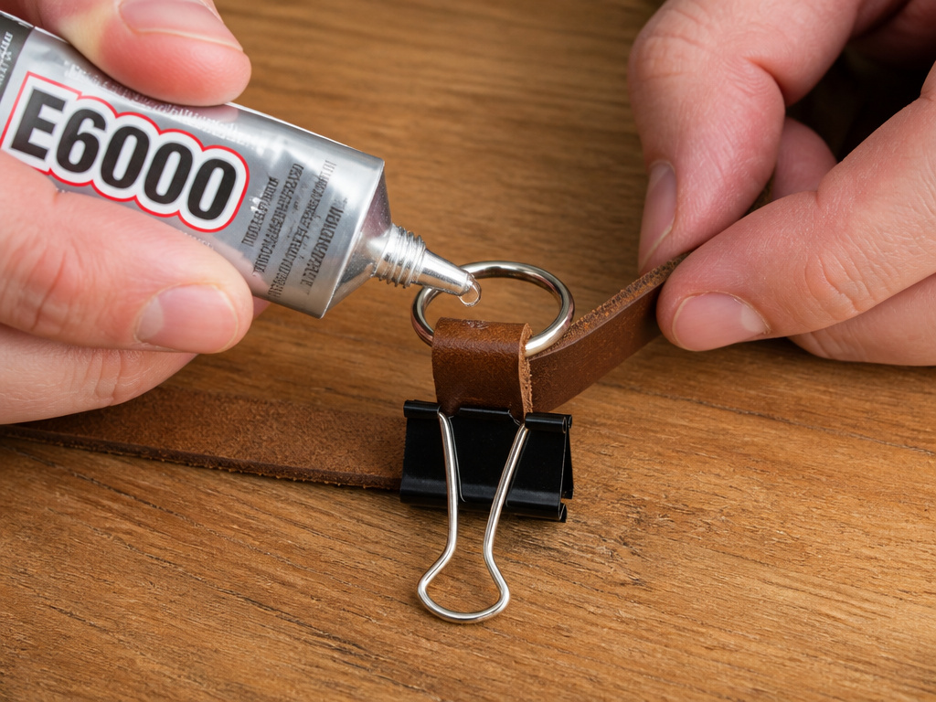 Close-up of gluing a leather strip to a key ring for a no-tool keychain.