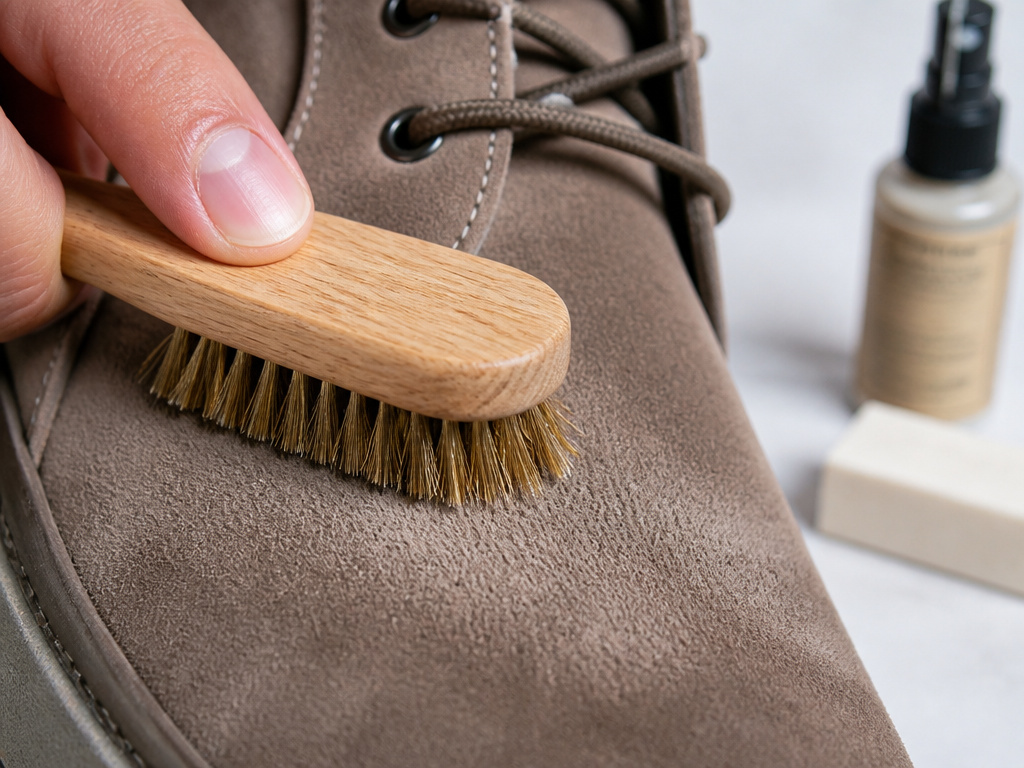 Close-up of using a suede brush to care for nubuck leather texture.