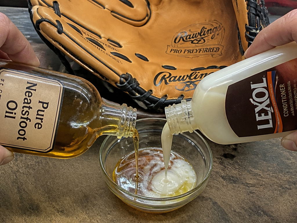 Mixing neatsfoot oil and Lexol conditioner for a baseball glove blend.