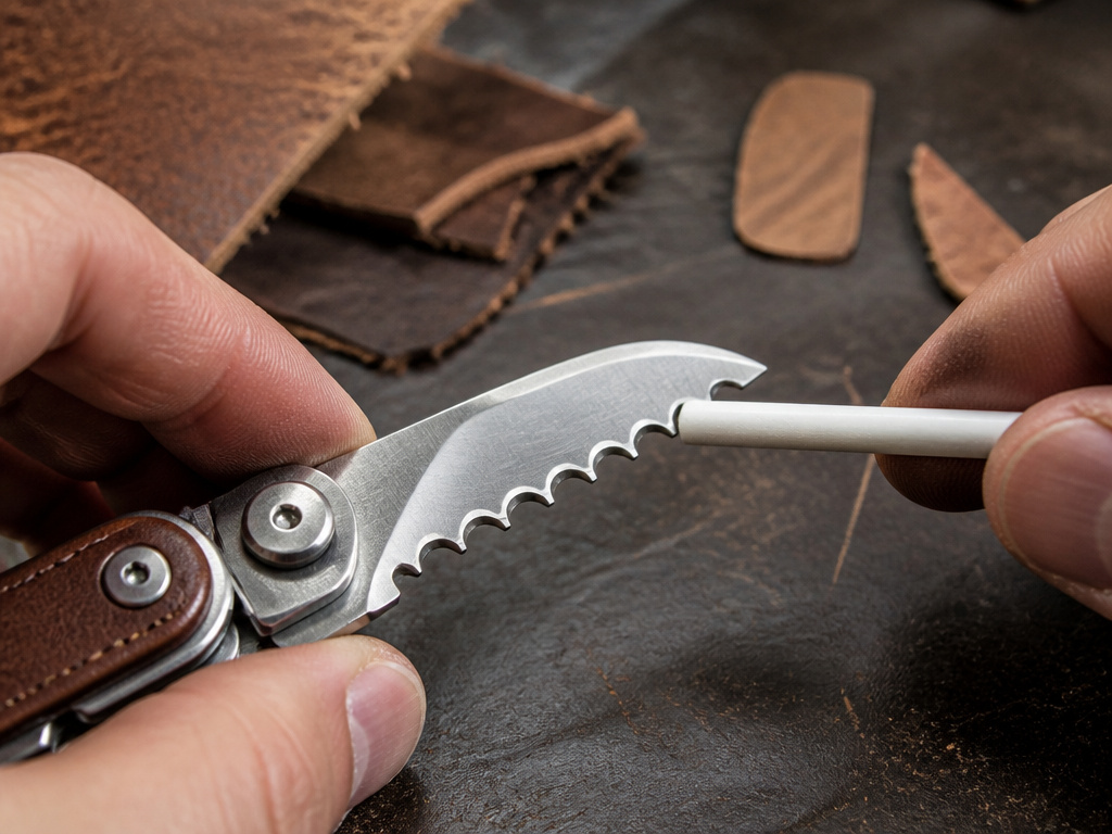 Close-up of sharpening a serrated blade on a leather tool with a ceramic rod.