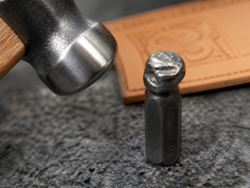 Damaged leather stamp from metal hammer strike versus correct granite anvil surface.
