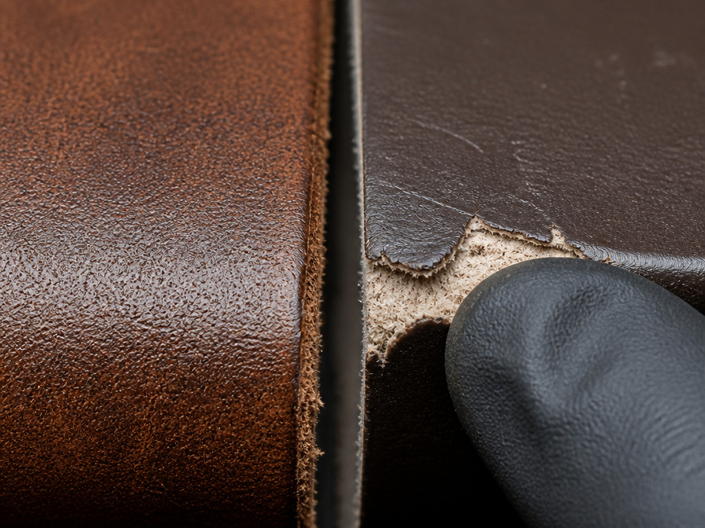 Close-up comparison of aged full grain leather versus peeling top grain leather.