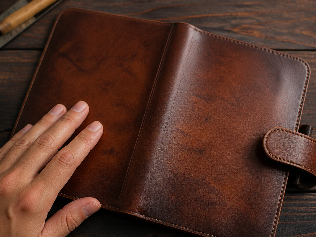 Close-up of a well-used leather journal developing a warm, darkened patina.