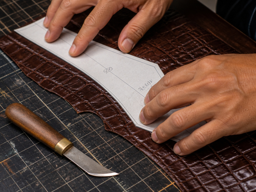 Craftsman aligning pattern on alligator leather hide for precise cutting.