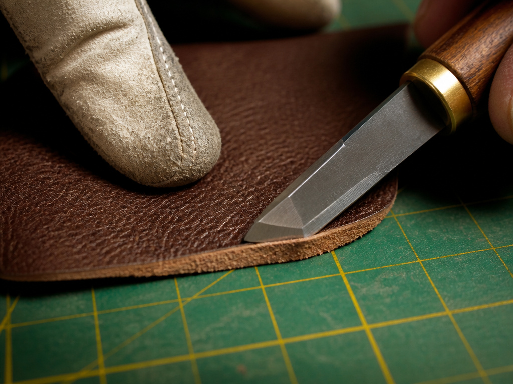Close-up of a sharp knife cutting dense kangaroo leather on a workbench.