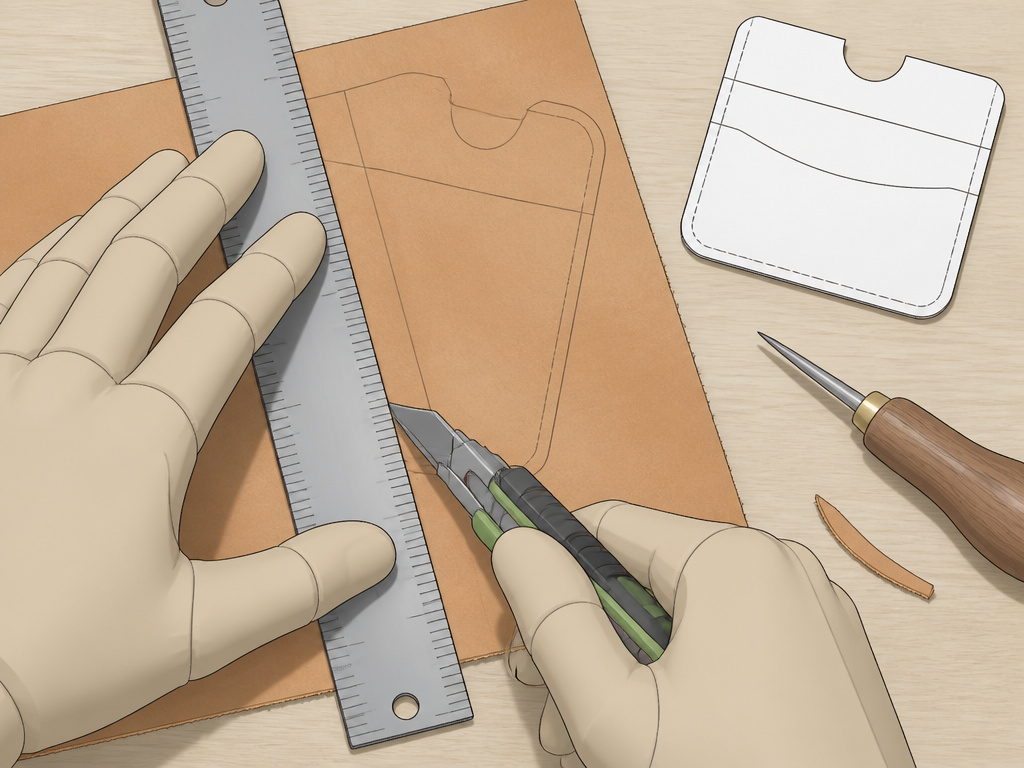 Cartoon diagram of cutting leather to a pattern with a knife and ruler.