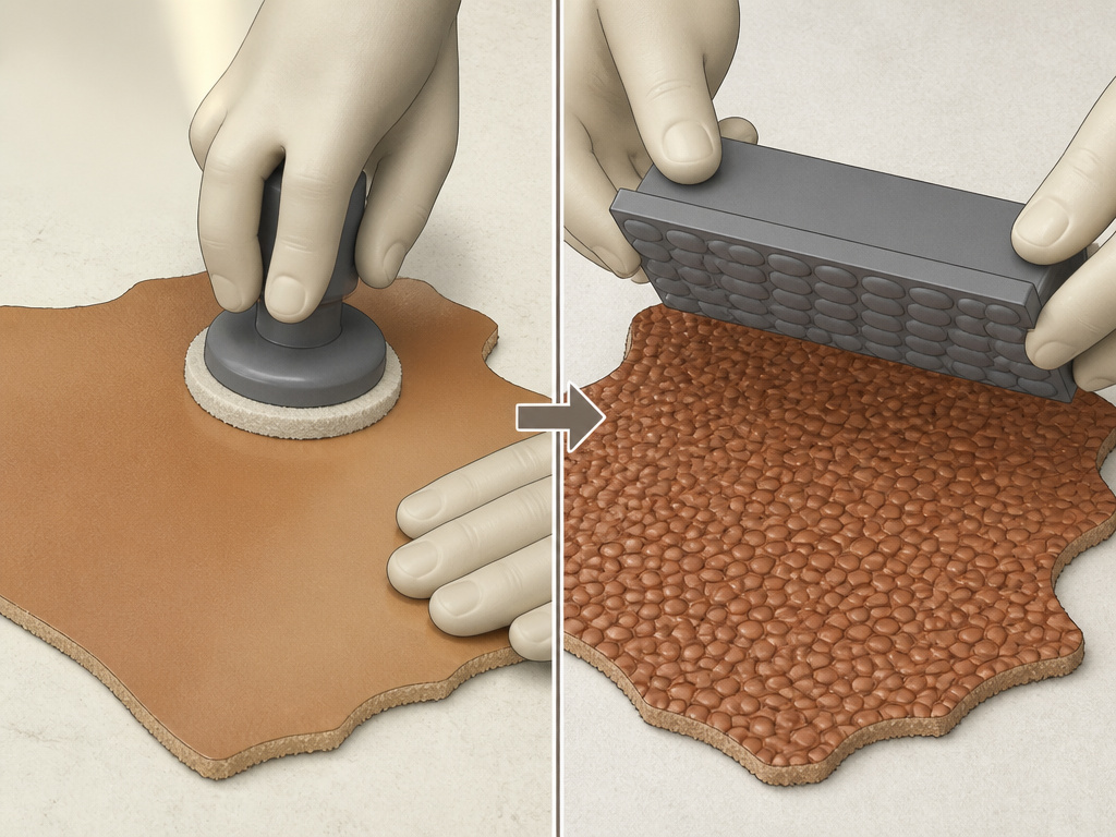 Diagram showing corrected grain leather being buffed and then embossed with a pattern.