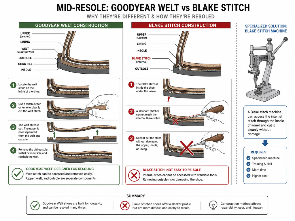 Diagram comparing Goodyear welt and Blake stitch resoling processes and limitations.