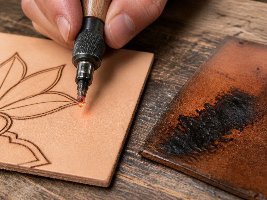 Comparison of clean burn on vegetable-tanned leather versus toxic burn on chrome-tanned leather.