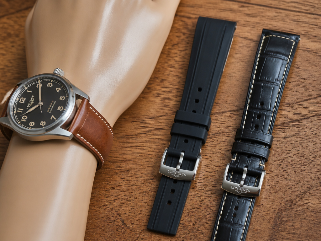 Comparison of leather watch strap types: calfskin, alligator, and rubber alternatives.