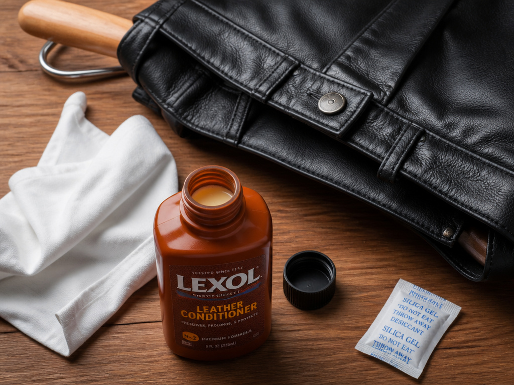 Essential leather pants care tools: conditioner, cloth, padded hanger, and desiccant.