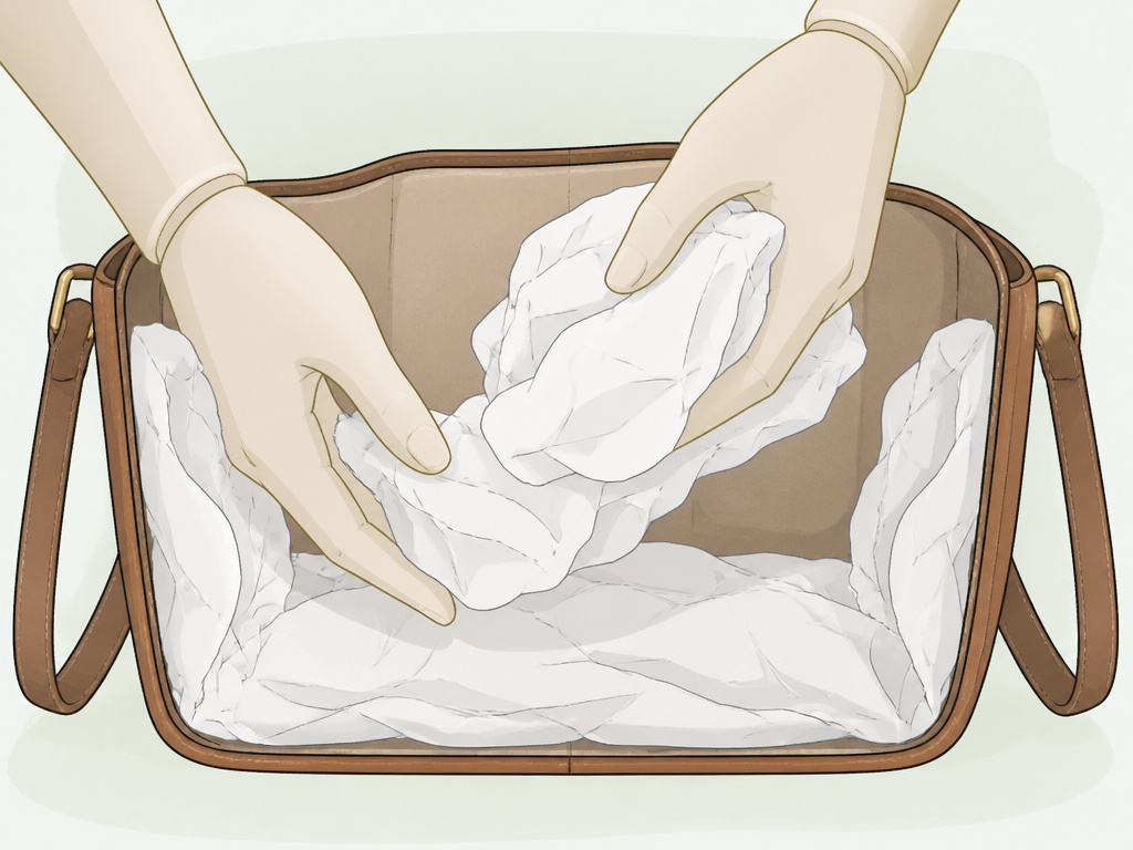 Close-up diagram showing how to properly stuff a leather handbag with tissue paper.