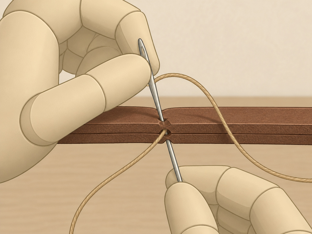 Close-up diagram of the two-needle saddle stitch technique for hand-sewing leather.