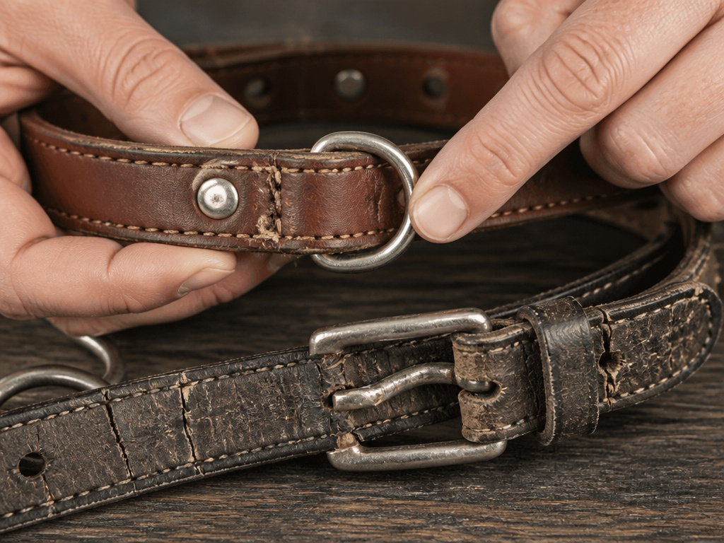 close-up inspection of damaged leather dog collar stitching and hardware