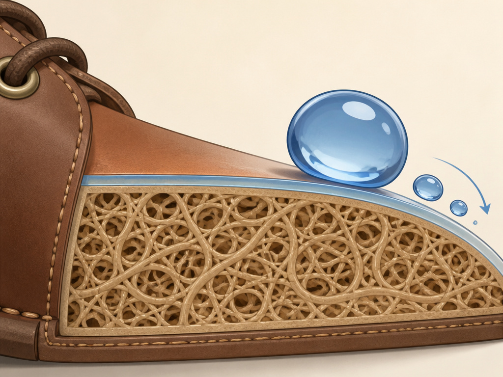Cross-section diagram showing how waterproofing wax coats leather boot fibers.