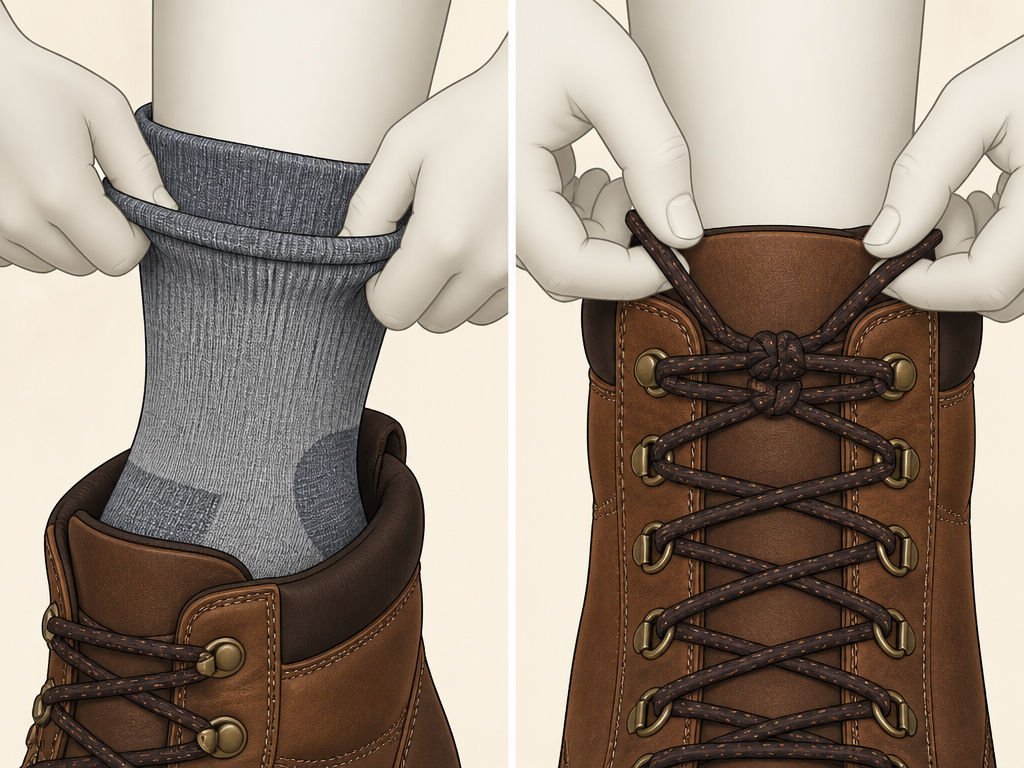 Close-up diagram of thick sock and knot-and-tuck lacing for breaking in boots.
