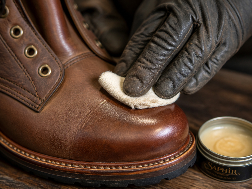 Buffing leather conditioner into a boot to achieve a smooth, non-tacky finish.