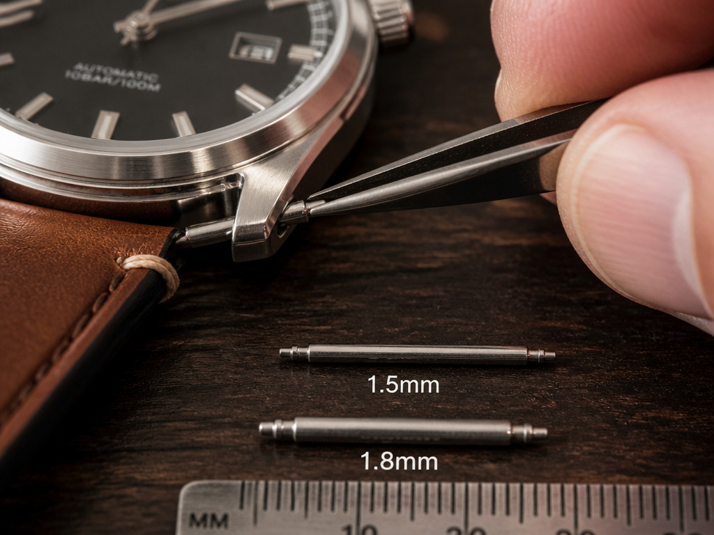 Close-up of installing a thicker spring bar on a leather watch strap.