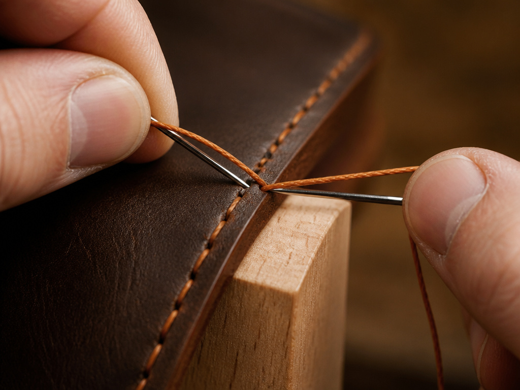 Close-up of hands performing the strong saddle stitch in leatherworking.