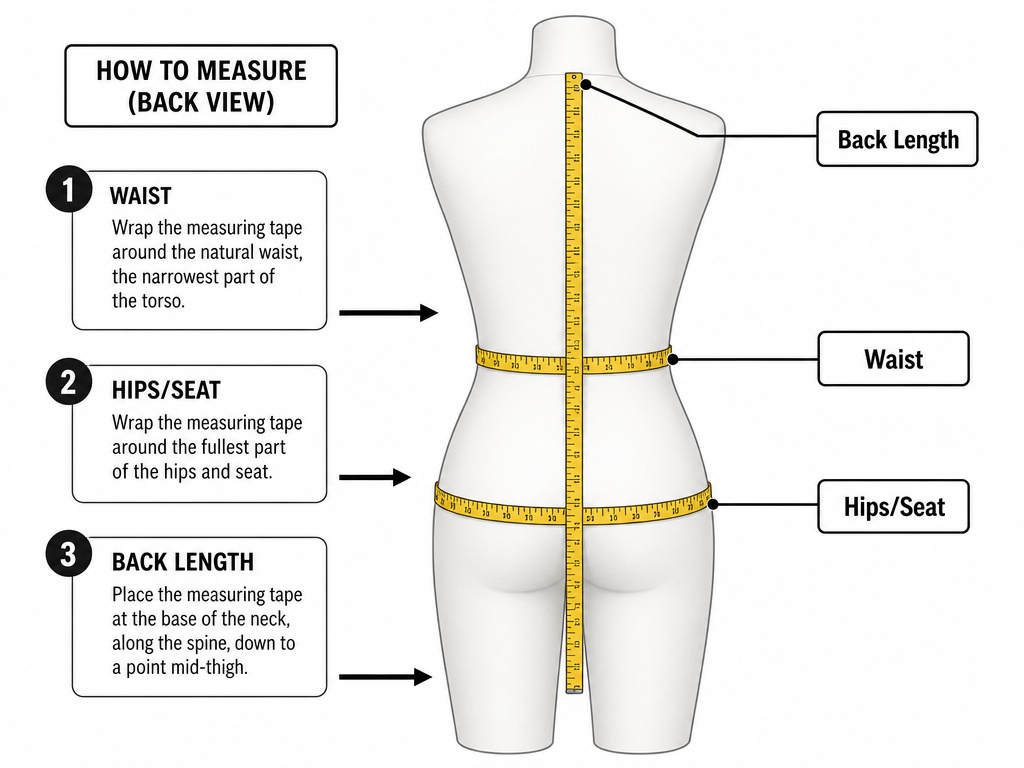 Diagram showing waist, hip, and back length measurement points for a leather jacket.