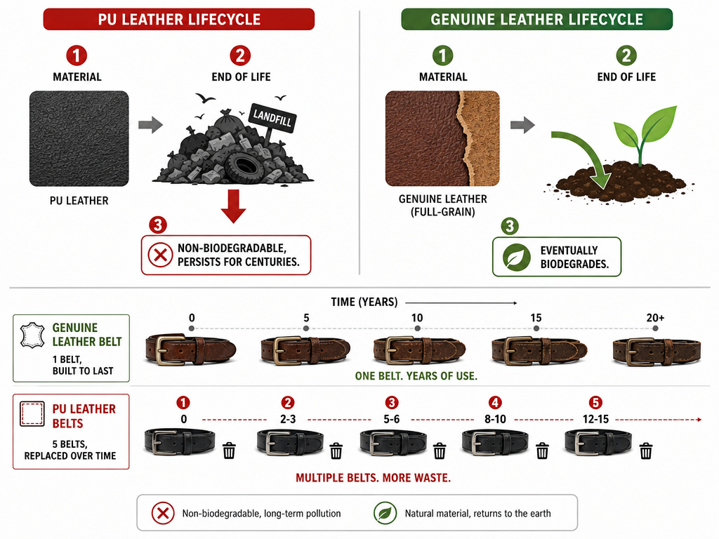 Diagram comparing the end-of-life and sustainability of PU leather versus genuine leather.